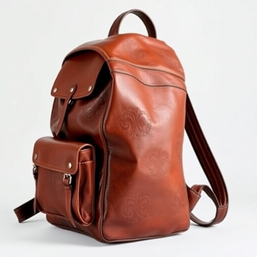 a brown backpack sitting on top of a white table