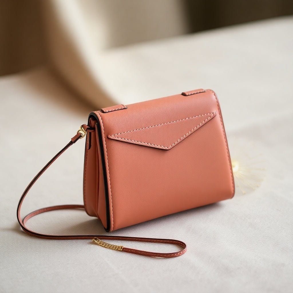 a pink purse sitting on top of a white table