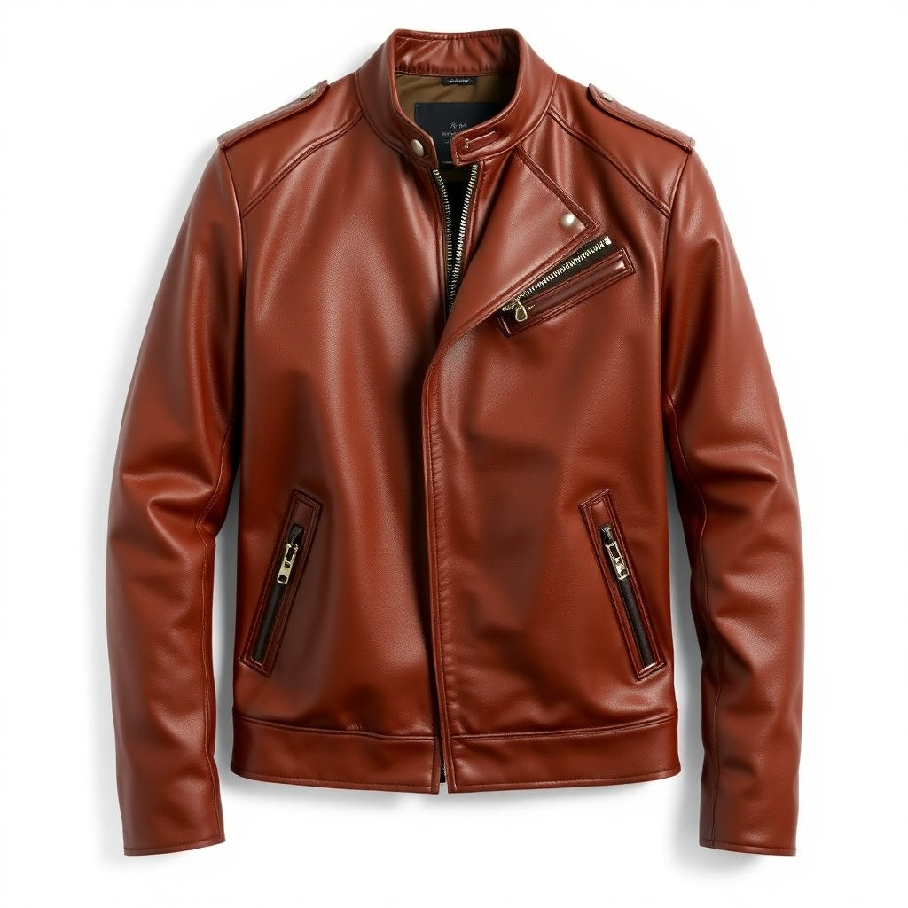 a brown leather jacket with zippers on the sleeves