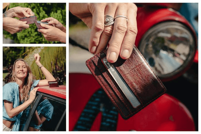 a collage of photos of a woman opening a wallet