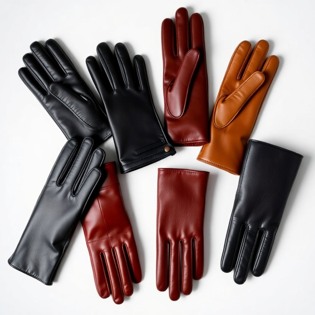 five pairs of black, brown, and red leather gloves