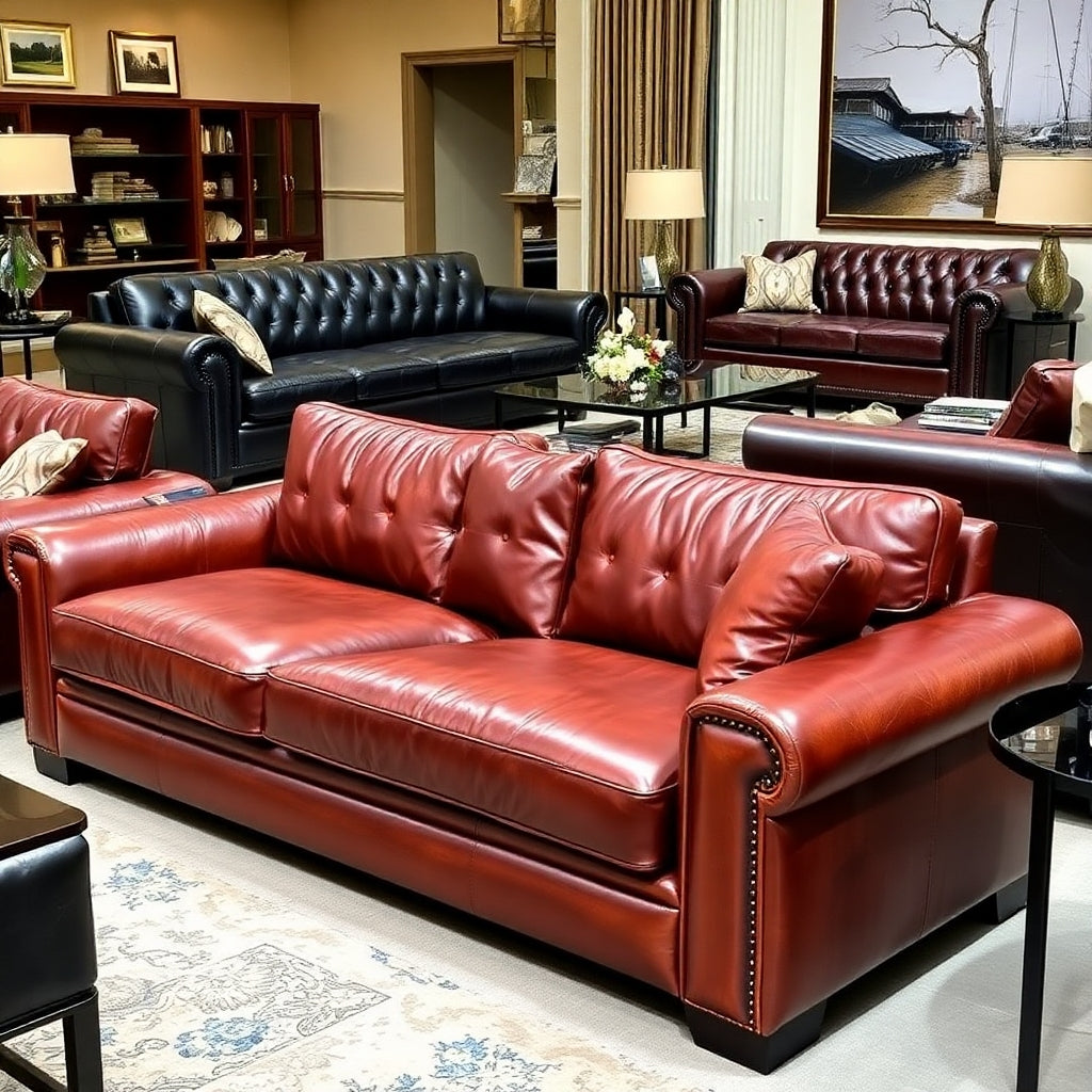 a living room filled with lots of leather furniture