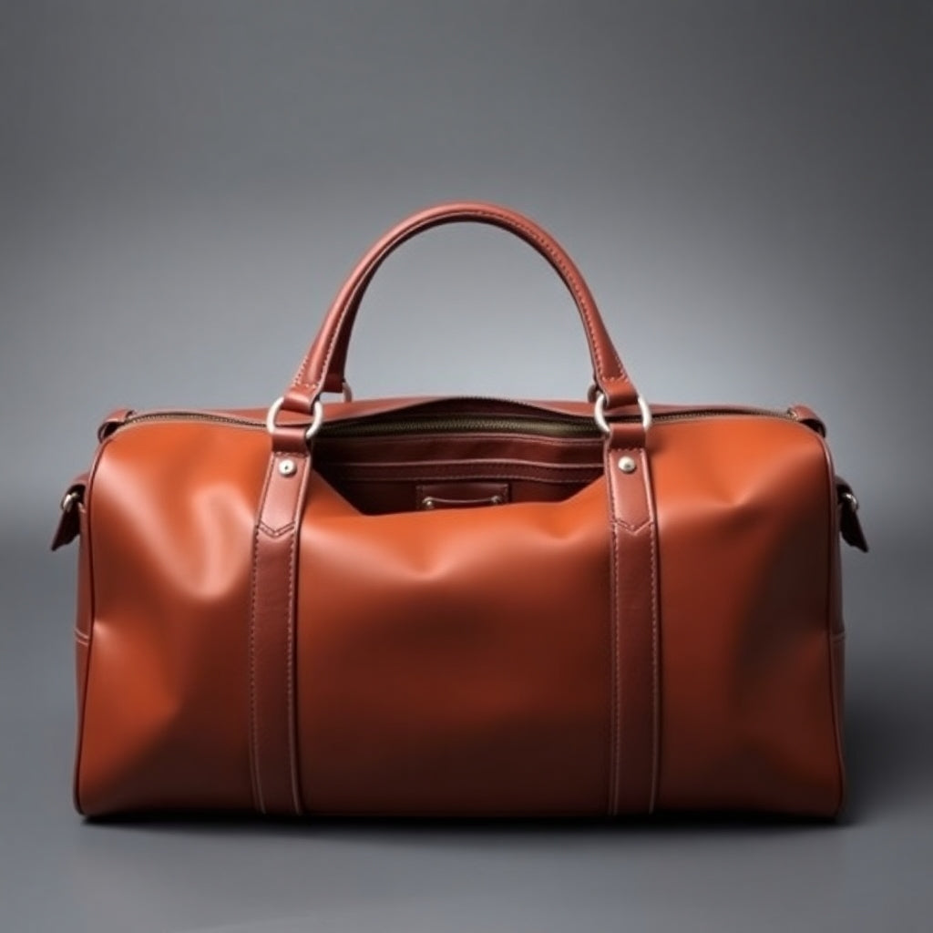 a brown leather bag on a gray background