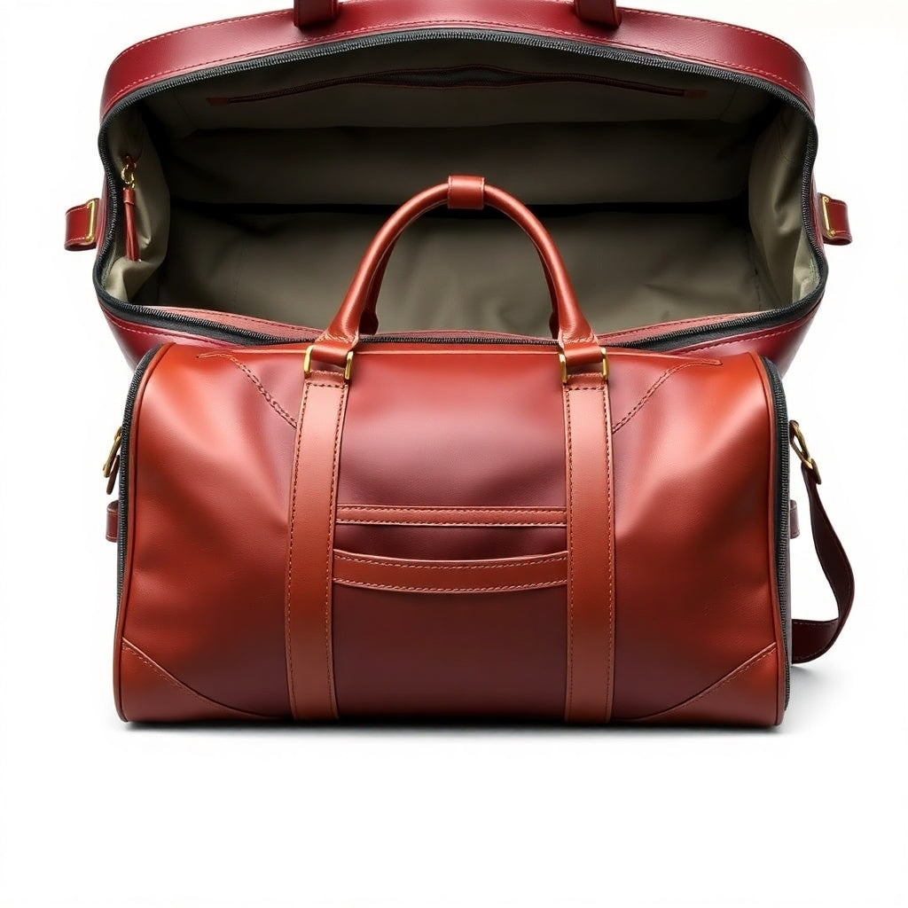 a red leather duffel bag is open