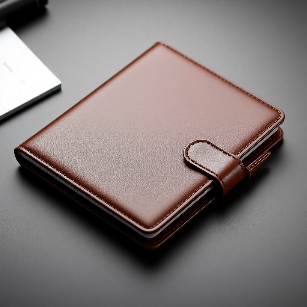 a brown leather notebook sitting on top of a desk